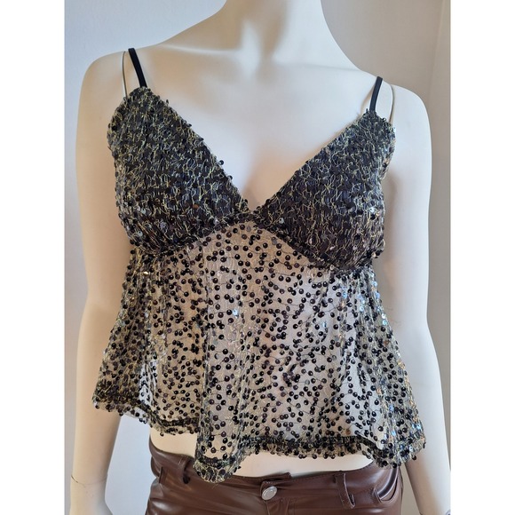 Sugarkiss Tops - Sugarkiss Womens XL Black Gold Sequin Metallic Mesh Babydoll Camisole Crop‎ Top